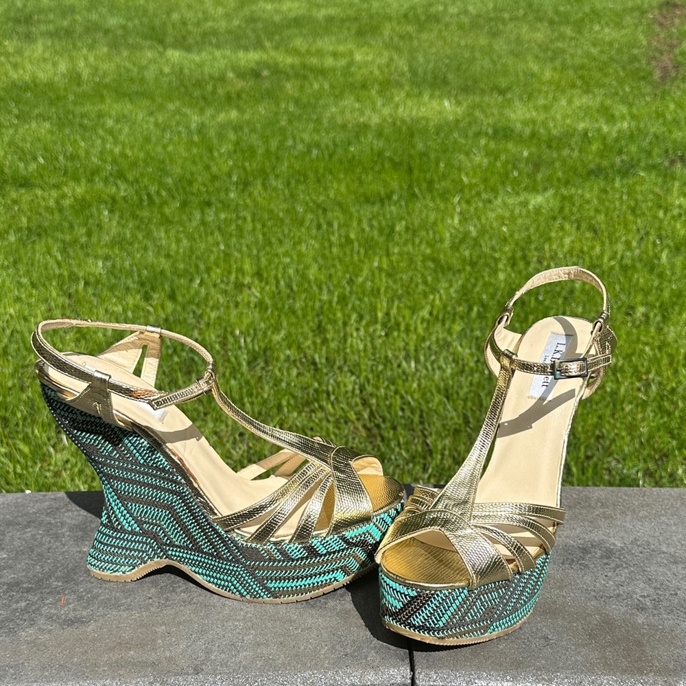 LK Bennett Gold Strappy Wedges with Teal and bronze Woven Platform